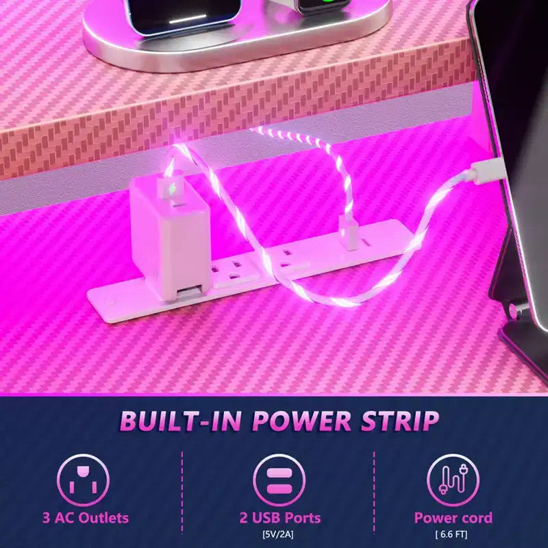Bureau de jeu rose de 55 pouces, en forme de L, avec étagères et support d'écran, poste de travail de gamer pour petite pièce, design en fibre de carbone, cadre robuste