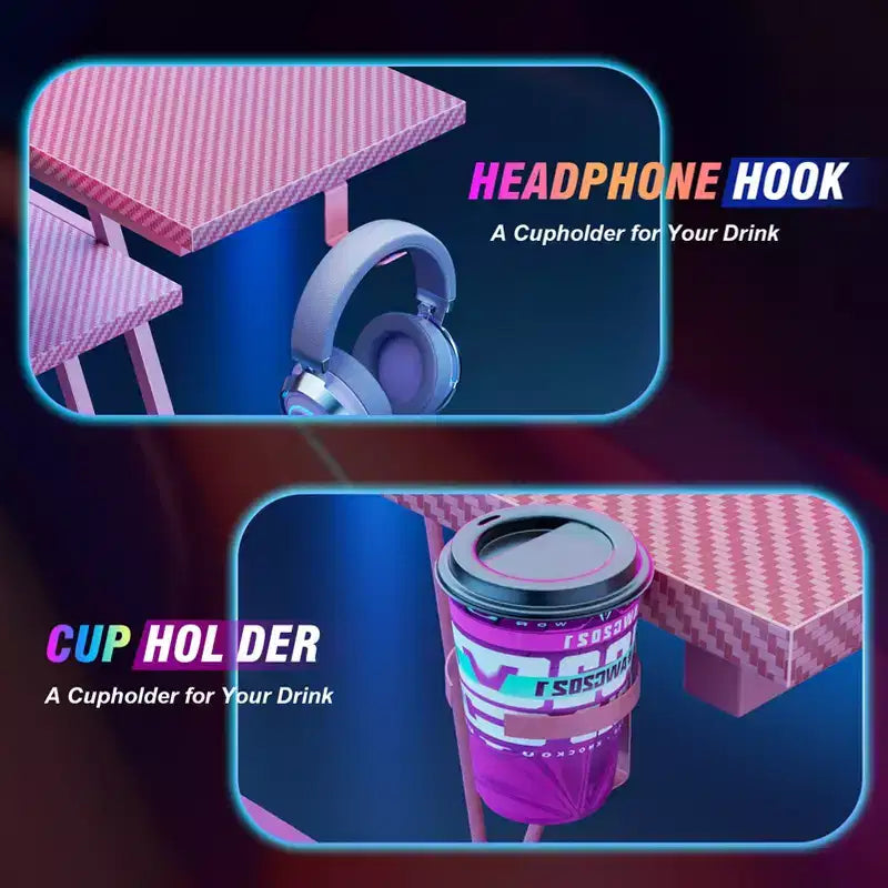Bureau de jeu rose de 55 pouces, en forme de L, avec étagères et support d'écran, poste de travail de gamer pour petite pièce, design en fibre de carbone, cadre robuste