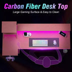 Bureau de jeu rose de 55 pouces, en forme de L, avec étagères et support d'écran, poste de travail de gamer pour petite pièce, design en fibre de carbone, cadre robuste