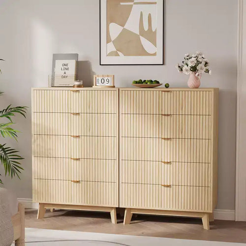5 Drawer Dressers 2 Pcs, Fluted Closet Dressers Chest of Drawers, Wood Dresser Chest of Drawers Organizer for Bedroom Living Room Hallway, Natural