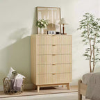 Commodes 5 tiroirs 2 pièces, Commodes de placard cannelées, Commode de rangement en bois pour chambre à coucher, salon, couloir, Naturel