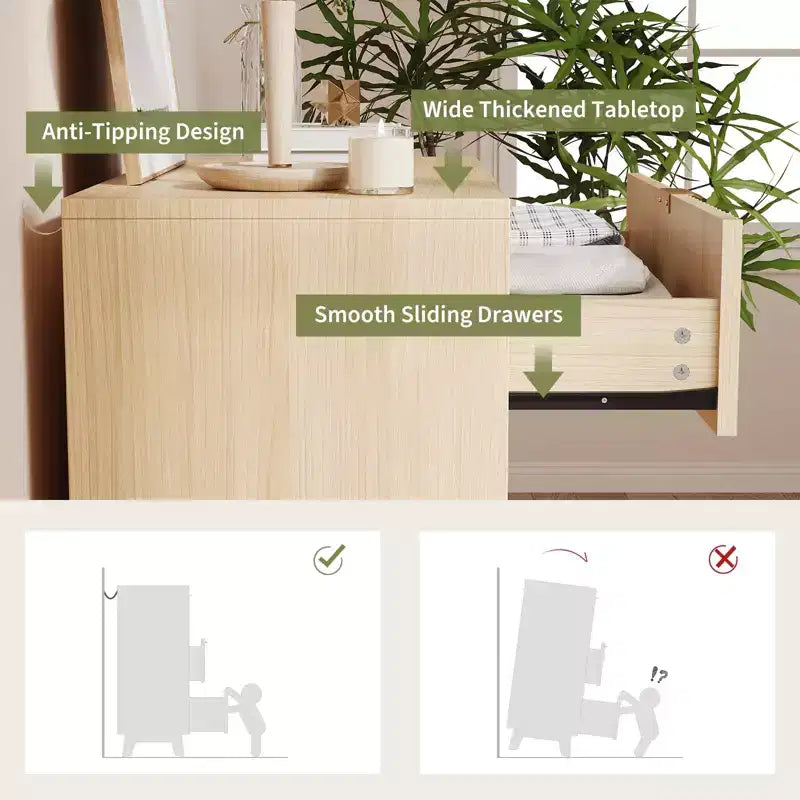 Commodes 5 tiroirs 2 pièces, Commodes de placard cannelées, Commode de rangement en bois pour chambre à coucher, salon, couloir, Naturel