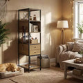 FurnitureR Storage Shelf with Drawers, Multi-Tier Bookshelf Organizer with Hooks & Pet Feeding Station,Storage Cabinet for Living Room,Closet,Entryway