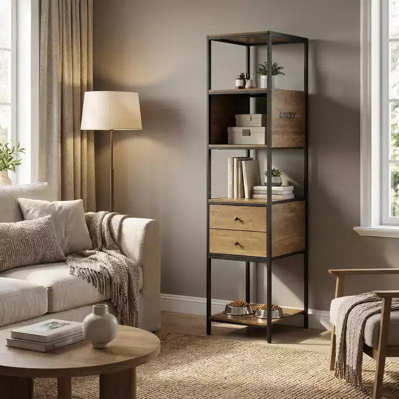 Meuble de rangement FurnitureR avec tiroirs, étagère bibliothèque multi-niveaux avec crochets et station d'alimentation pour animaux, armoire de rangement pour salon, placard, entrée