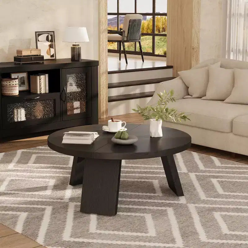 Table basse ronde moderne pour salon, 85,1 cm, en bois noir, 3 pieds robustes, table d'appoint gain de place