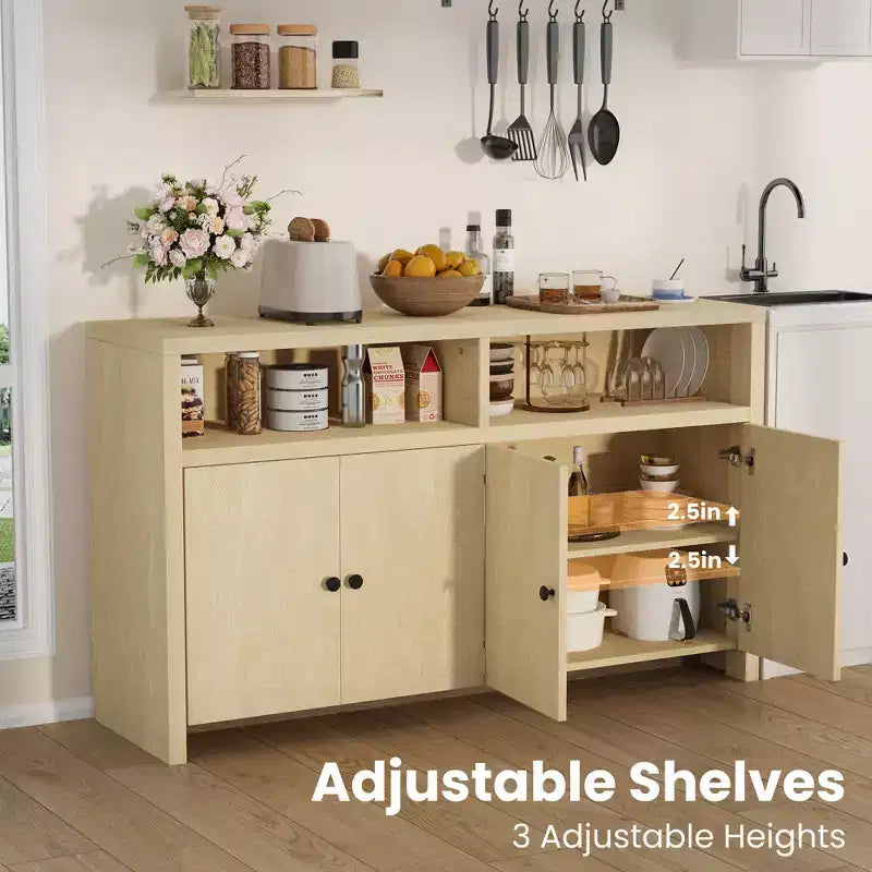Grand buffet de ferme 55" avec 4 portes, étagères réglables, grand espace de rangement - Meuble bar en bois pour salle à manger