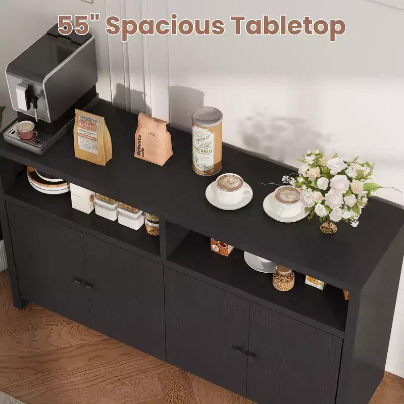 Grand buffet de ferme 55" avec 4 portes, étagères réglables, grand espace de rangement - Meuble bar en bois pour salle à manger