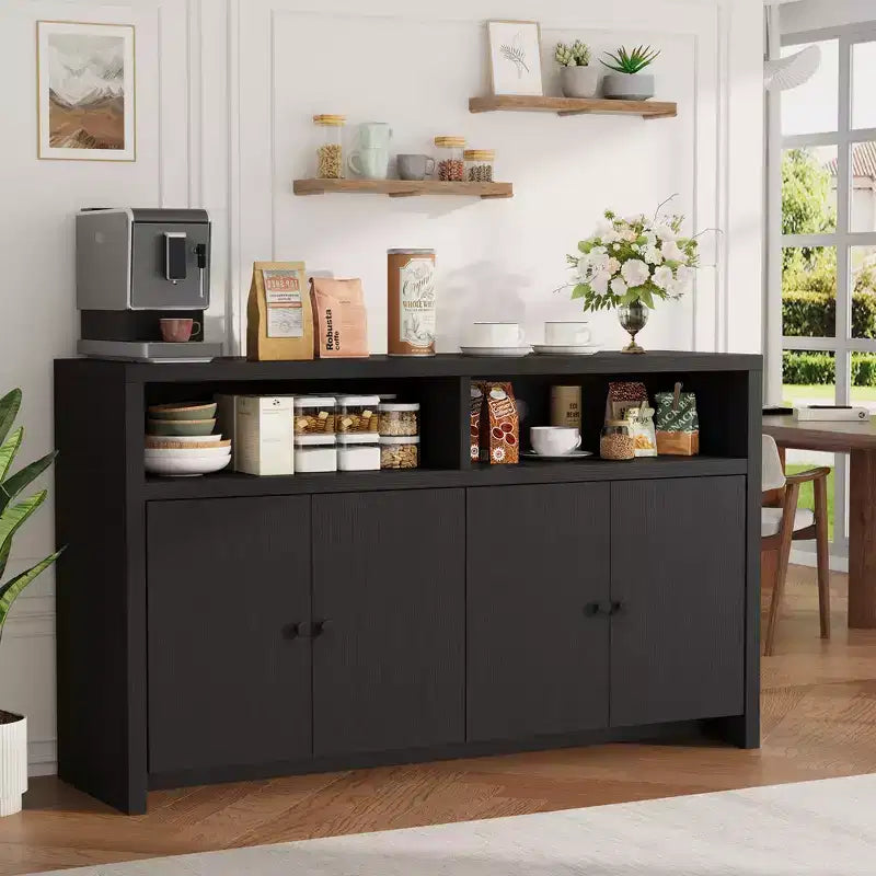 Grand buffet de ferme 55" avec 4 portes, étagères réglables, grand espace de rangement - Meuble bar en bois pour salle à manger