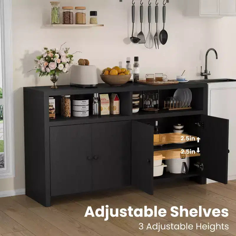 Grand buffet de ferme 55" avec 4 portes, étagères réglables, grand espace de rangement - Meuble bar en bois pour salle à manger