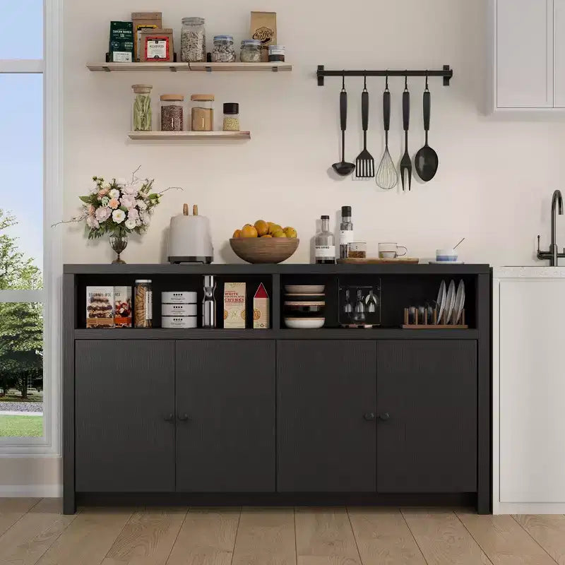 Grand buffet de ferme 55" avec 4 portes, étagères réglables, grand espace de rangement - Meuble bar en bois pour salle à manger