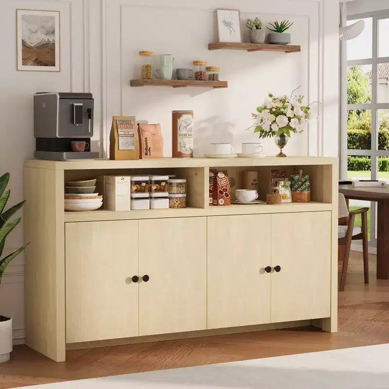 Grand buffet de ferme 55" avec 4 portes, étagères réglables, grand espace de rangement - Meuble bar en bois pour salle à manger