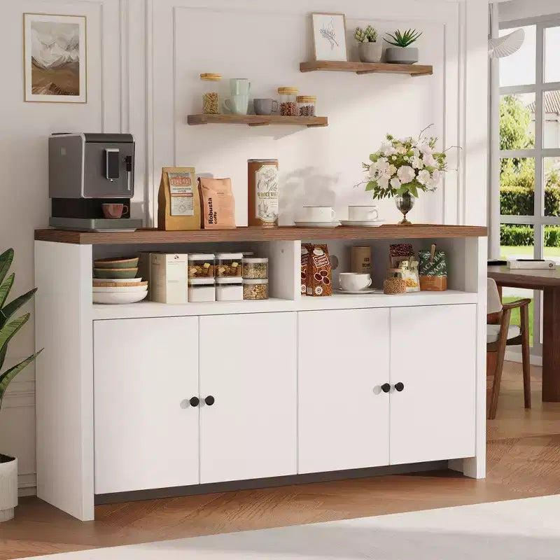 Grand buffet de ferme 55" avec 4 portes, étagères réglables, grand espace de rangement - Meuble bar en bois pour salle à manger