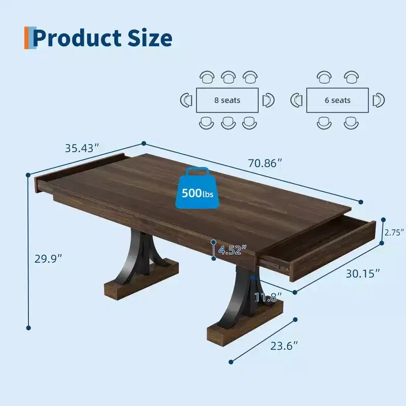Table de cuisine en bois 71" avec deux tiroirs - Grande table de salle à manger pour 6-8 personnes avec cadre robuste, table à manger rectangulaire avec double piédestal, pour la cuisine