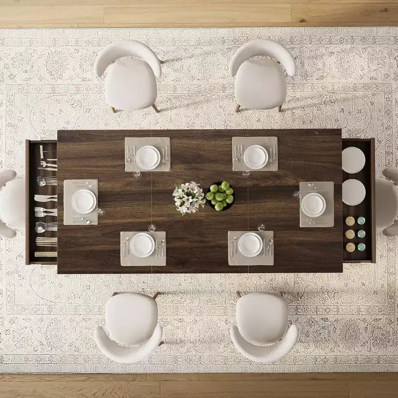 Table de cuisine en bois 71" avec deux tiroirs - Grande table de salle à manger pour 6-8 personnes avec cadre robuste, table à manger rectangulaire avec double piédestal, pour la cuisine