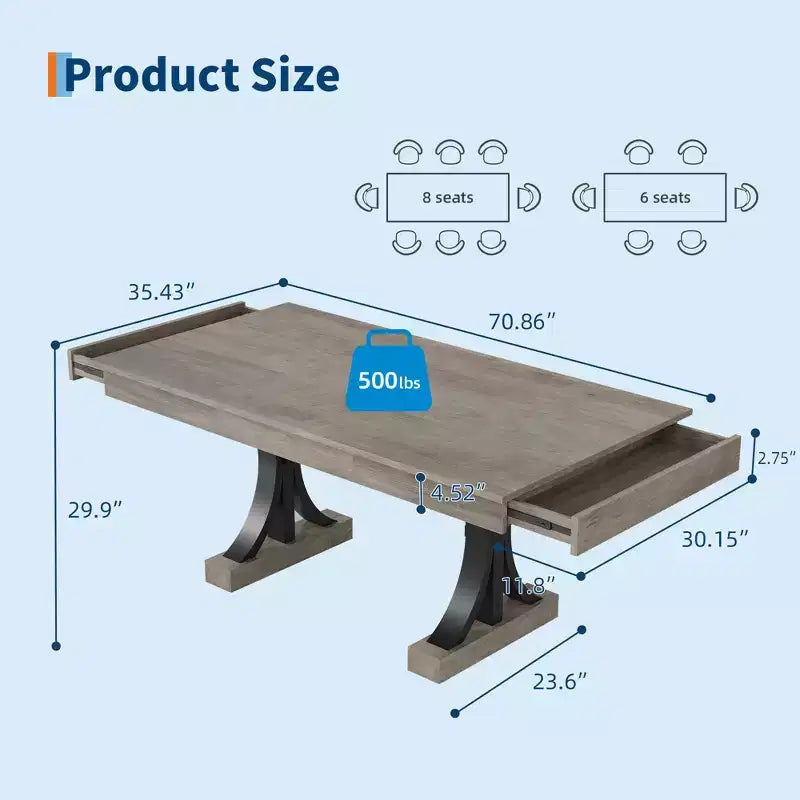 Table de cuisine en bois 71" avec deux tiroirs - Grande table de salle à manger pour 6-8 personnes avec cadre robuste, table à manger rectangulaire avec double piédestal, pour la cuisine