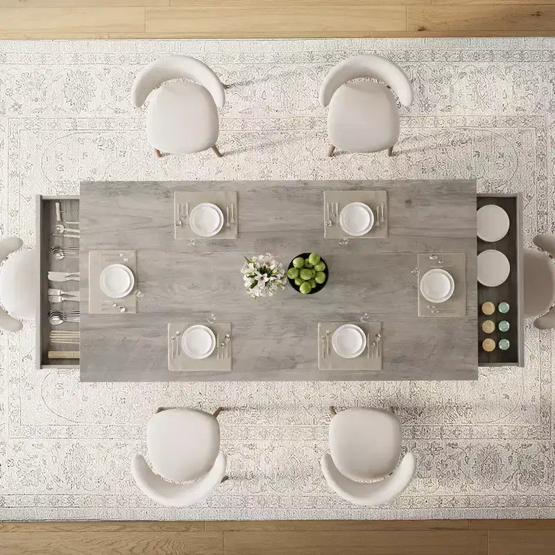 Table de cuisine en bois 71" avec deux tiroirs - Grande table de salle à manger pour 6-8 personnes avec cadre robuste, table à manger rectangulaire avec double piédestal, pour la cuisine