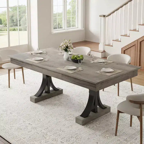 71 Wooden Kitchen Table with Two Drawers - Large Dining Table for 6-8 w/ Sturdy Frame, Rectangular Dining Table with Double Pedestal, for Kitchen