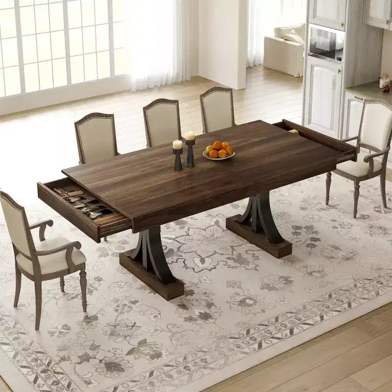 Table de cuisine en bois 71" avec deux tiroirs - Grande table de salle à manger pour 6-8 personnes avec cadre robuste, table à manger rectangulaire avec double piédestal, pour la cuisine