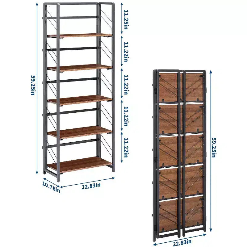 Étagère pliable - Bibliothèque de bureau vintage à 4 niveaux - Sans assemblage - Cadre noir robuste et bois marron