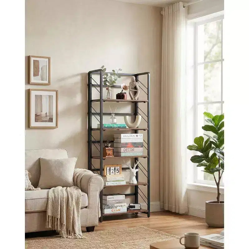 Étagère pliable - Bibliothèque de bureau vintage à 4 niveaux - Sans assemblage - Cadre noir robuste et bois marron