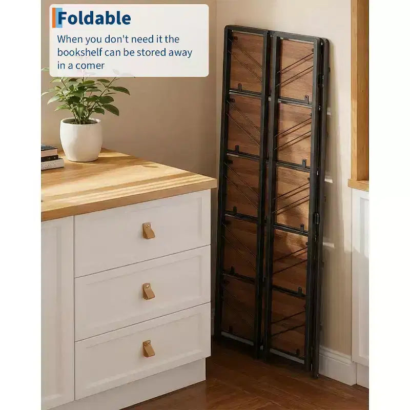 Étagère pliable - Bibliothèque de bureau vintage à 4 niveaux - Sans assemblage - Cadre noir robuste et bois marron