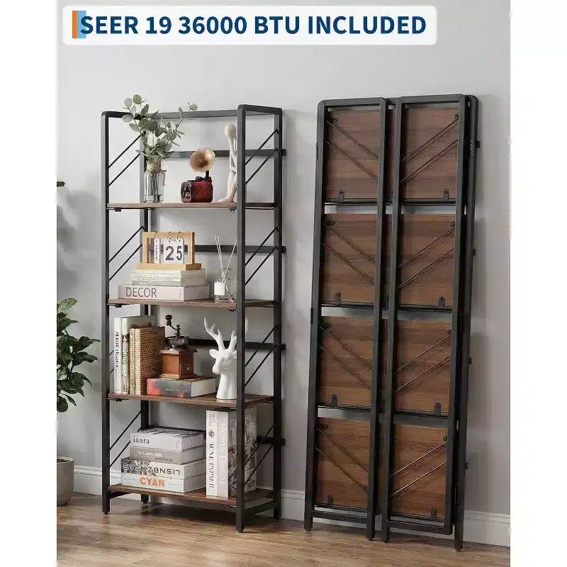 Étagère pliable - Bibliothèque de bureau vintage à 4 niveaux - Sans assemblage - Cadre noir robuste et bois marron