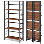 Folding Bookshelf - 4-Tier Vintage Office Bookcase - No-Assembly - Sturdy Black Frame & Brown Wood