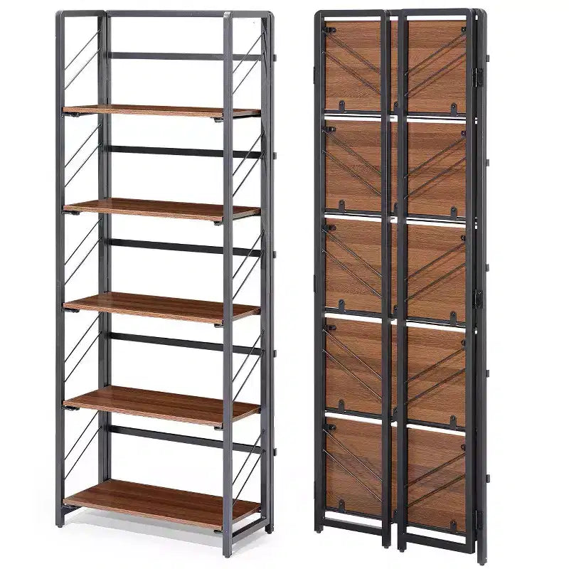 Étagère pliable - Bibliothèque de bureau vintage à 4 niveaux - Sans assemblage - Cadre noir robuste et bois marron