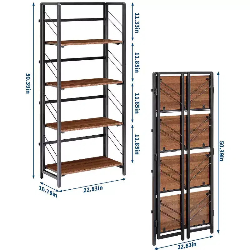 Étagère pliable - Bibliothèque de bureau vintage à 4 niveaux - Sans assemblage - Cadre noir robuste et bois marron