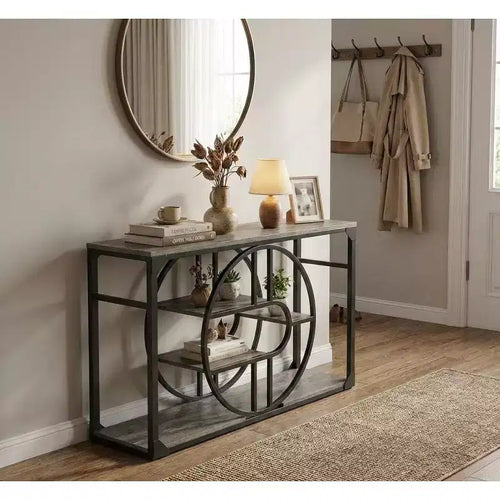 55 Entryway Table, 5-Tier Console Tables for Entryway, with o-Shaped Metal Frame & Storage Shelves, Industrial Sofa Tables for Living Room
