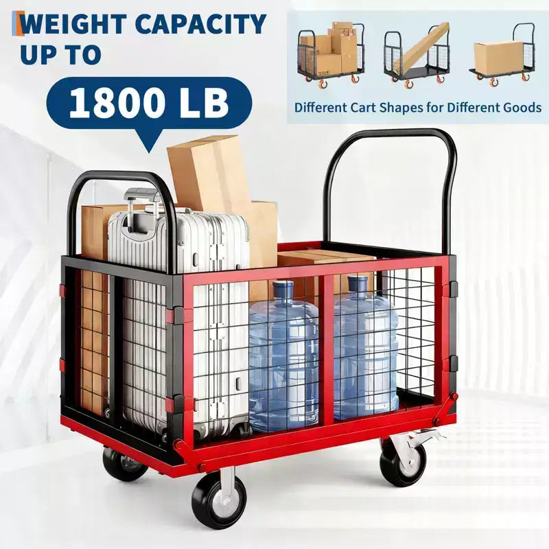 Garvee Chariot de manutention pliable 6 en 1 avec côtés grillagés amovibles et roues verrouillables, capacité de 816 kg