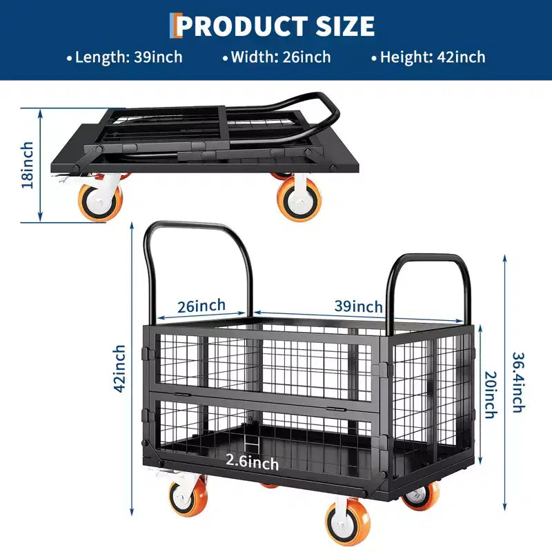 Garvee Chariot de manutention pliable 6 en 1 avec côtés grillagés amovibles et roues verrouillables, capacité de 816 kg