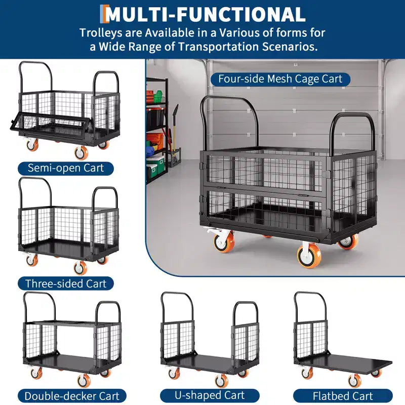 Garvee Chariot de manutention pliable 6 en 1 avec côtés grillagés amovibles et roues verrouillables, capacité de 816 kg