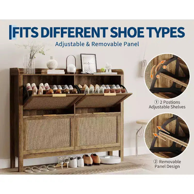 Meuble à chaussures en rotin style ferme, organisateur de chaussures bohème de 120 cm avec 4 tiroirs basculants, étagère à chaussures étroite autoportante pour entrée, marron