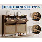 Meuble à chaussures en rotin style ferme, organisateur de chaussures bohème de 120 cm avec 4 tiroirs basculants, étagère à chaussures étroite autoportante pour entrée, marron