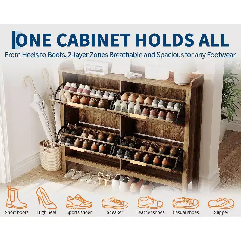 Meuble à chaussures en rotin style ferme, organisateur de chaussures bohème de 120 cm avec 4 tiroirs basculants, étagère à chaussures étroite autoportante pour entrée, marron