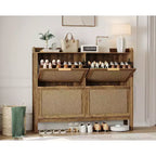 Meuble à chaussures en rotin style ferme, organisateur de chaussures bohème de 120 cm avec 4 tiroirs basculants, étagère à chaussures étroite autoportante pour entrée, marron