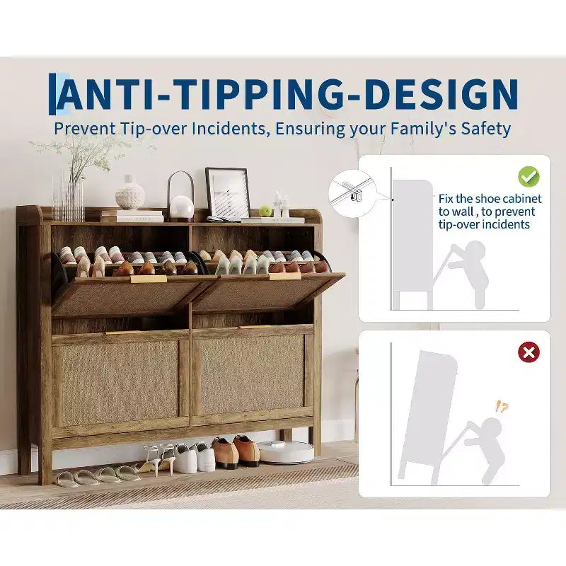 Meuble à chaussures en rotin style ferme, organisateur de chaussures bohème de 120 cm avec 4 tiroirs basculants, étagère à chaussures étroite autoportante pour entrée, marron