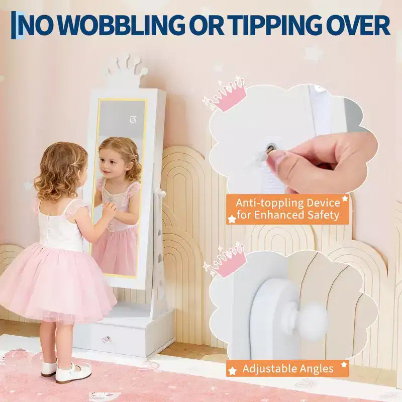 Meuble-armoire à bijoux pour enfants, organisateur de bijoux sur pied avec miroir pleine longueur, 3 tiroirs de rangement, armoire à bijoux-miroir de coiffeuse pour filles