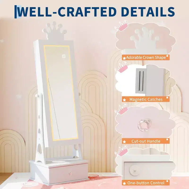 Meuble-armoire à bijoux pour enfants, organisateur de bijoux sur pied avec miroir pleine longueur, 3 tiroirs de rangement, armoire à bijoux-miroir de coiffeuse pour filles