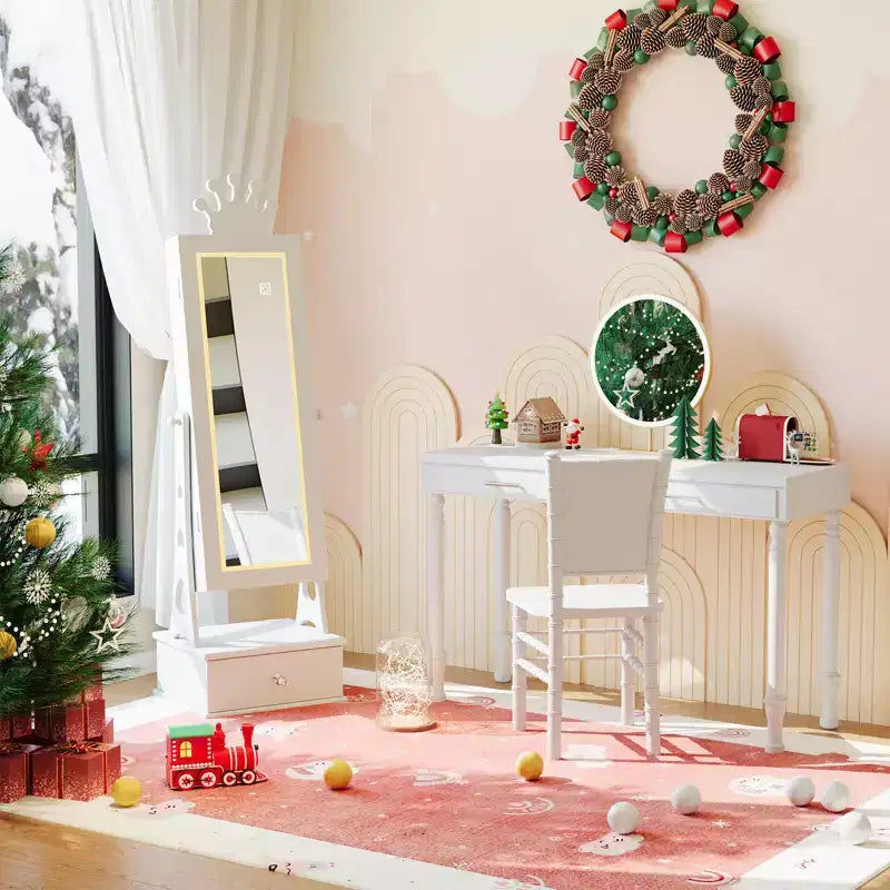 Meuble-armoire à bijoux pour enfants, organisateur de bijoux sur pied avec miroir pleine longueur, 3 tiroirs de rangement, armoire à bijoux-miroir de coiffeuse pour filles