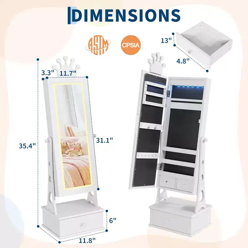 Meuble-armoire à bijoux pour enfants, organisateur de bijoux sur pied avec miroir pleine longueur, 3 tiroirs de rangement, armoire à bijoux-miroir de coiffeuse pour filles