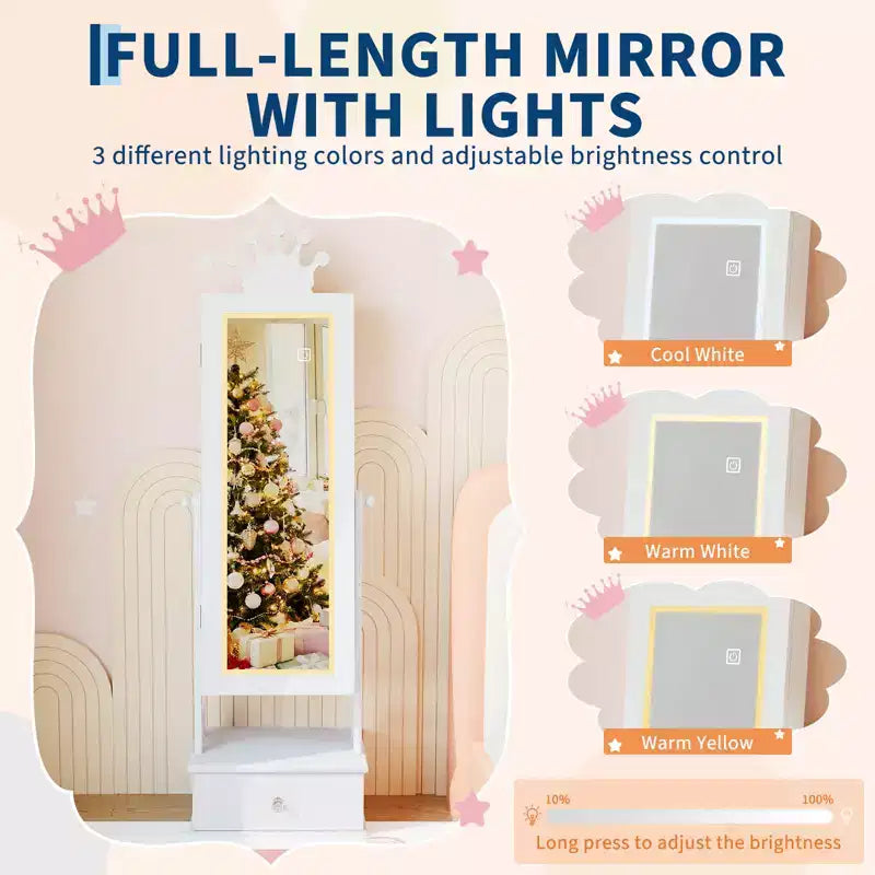 Meuble-armoire à bijoux pour enfants, organisateur de bijoux sur pied avec miroir pleine longueur, 3 tiroirs de rangement, armoire à bijoux-miroir de coiffeuse pour filles