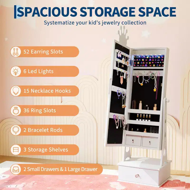 Meuble-armoire à bijoux pour enfants, organisateur de bijoux sur pied avec miroir pleine longueur, 3 tiroirs de rangement, armoire à bijoux-miroir de coiffeuse pour filles