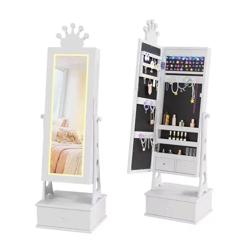 Meuble-armoire à bijoux pour enfants, organisateur de bijoux sur pied avec miroir pleine longueur, 3 tiroirs de rangement, armoire à bijoux-miroir de coiffeuse pour filles