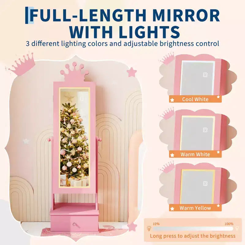 Meuble-armoire à bijoux pour enfants, organisateur de bijoux sur pied avec miroir pleine longueur, 3 tiroirs de rangement, armoire à bijoux-miroir de coiffeuse pour filles