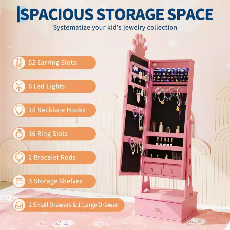 Meuble-armoire à bijoux pour enfants, organisateur de bijoux sur pied avec miroir pleine longueur, 3 tiroirs de rangement, armoire à bijoux-miroir de coiffeuse pour filles
