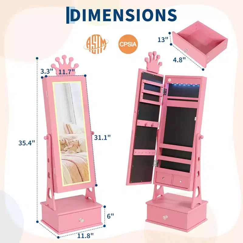 Meuble-armoire à bijoux pour enfants, organisateur de bijoux sur pied avec miroir pleine longueur, 3 tiroirs de rangement, armoire à bijoux-miroir de coiffeuse pour filles