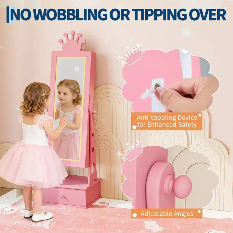 Meuble-armoire à bijoux pour enfants, organisateur de bijoux sur pied avec miroir pleine longueur, 3 tiroirs de rangement, armoire à bijoux-miroir de coiffeuse pour filles