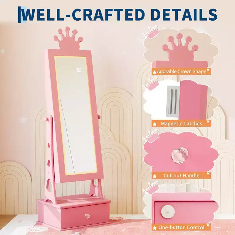 Meuble-armoire à bijoux pour enfants, organisateur de bijoux sur pied avec miroir pleine longueur, 3 tiroirs de rangement, armoire à bijoux-miroir de coiffeuse pour filles